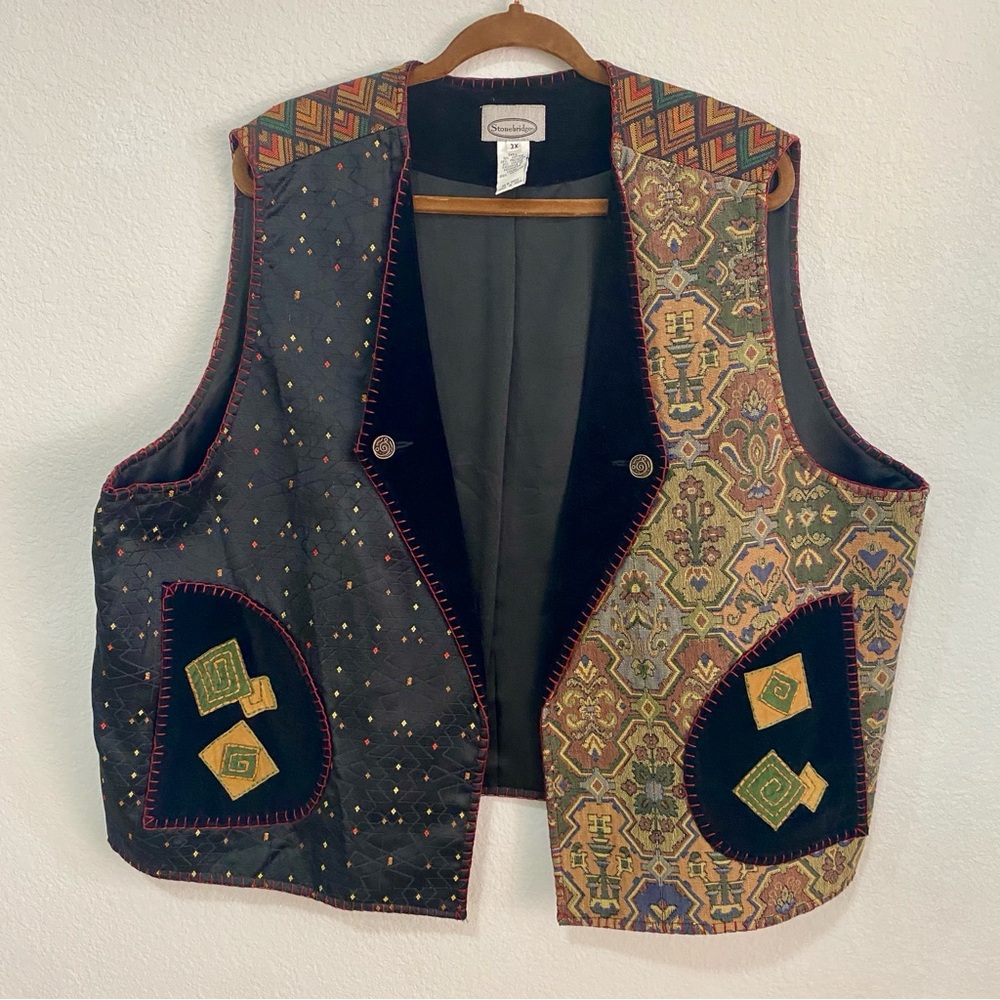 Vintage Stonebridge Vest Patchwork Velvet Trim Pockets Unique Design Women’s 3X